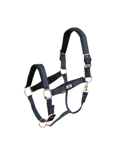 Licol d'écurie bleu marine avec boucles or rose pour cheval et/ou poney Halter - BR