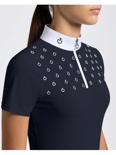 Polo de compétition bleu marine à manches courtes avec logo blanc imprimé pour fille - Cavalleria Toscana