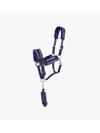 Licol d'écurie avec longe bleu marine avec poils synthétiques pour cheval Dolci - QHP