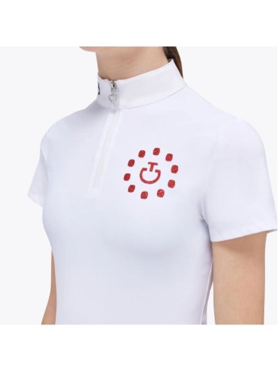 Polo de competicion pour fille à manches courtes en blanc avec el logo en rouge à paillettes - Cavalleria Toscana