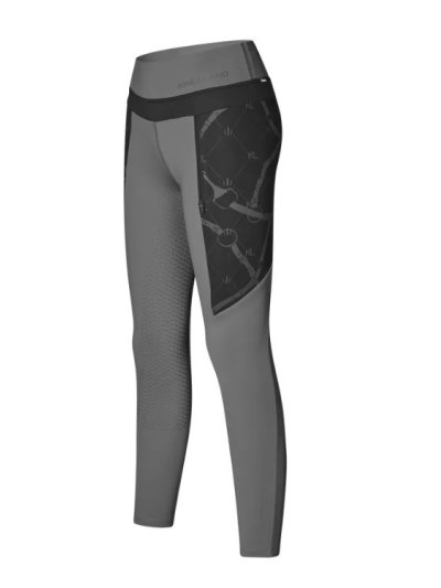 Grey winter riding tights for women (full grip) with equestrian side details and zip pocket KLVea - Kingsland