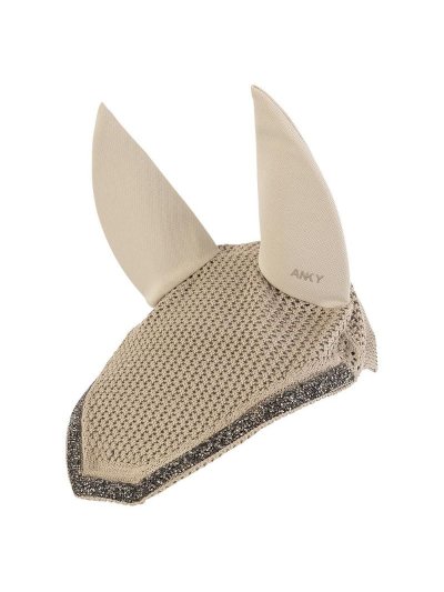 Bonnet en crochet beige décoré de strass et oreilles en néoprène amovibles pour cheval - Anky