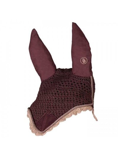 Orejeras color marrón de crochet con orejas de tela y logo de la marca para pony - BR